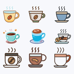 Collection of colorful vector icons featuring a variety of steaming coffee cups with unique designs, ideal for cafe, beverage, breakfast, and relaxation-themed projects.  

