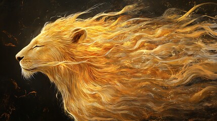 8. Golden lion staring into the distance with wind blowing its golden mane