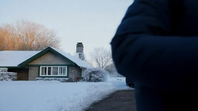 Delivery in Winter Wonderland as a Person Carries a Gift Through the Snow on a Quiet Street