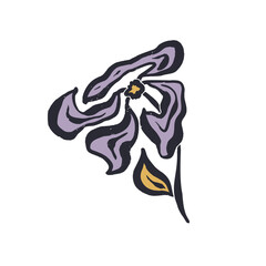 Black outline minimal abstract inky purple flower. Sketchy textured loose floral doodle. Hand drawn retro botanical abstraction