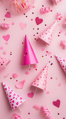 A festive arrangement of pink party hats and heart-shaped decorations on a pink background.