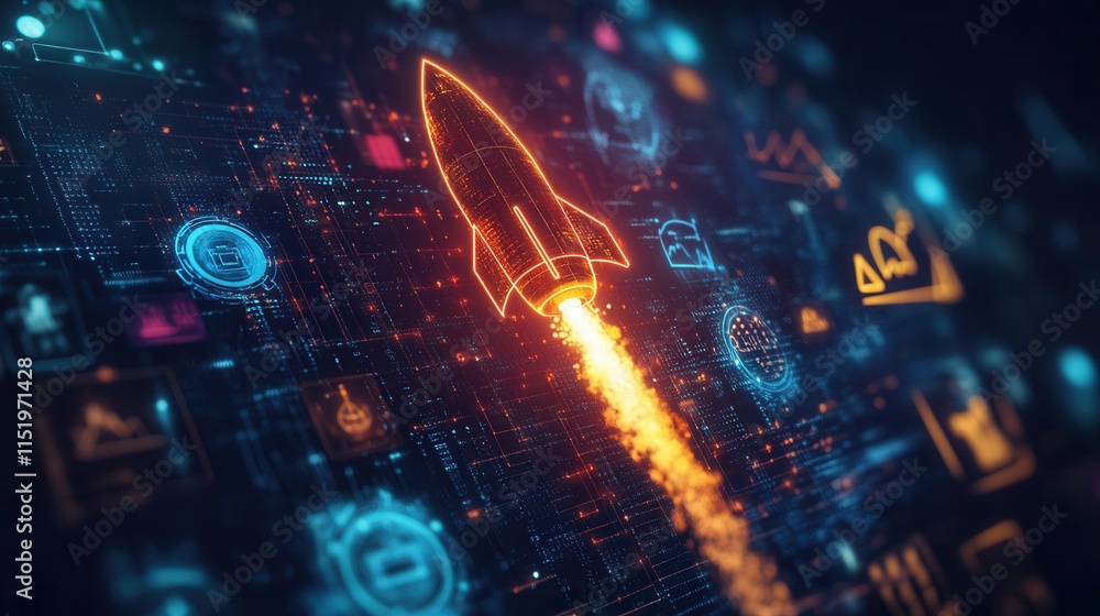 Poster digital rocket illuminating pathways for business growth, navigating through a vibrant network of da