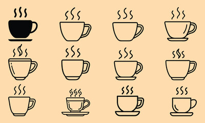 Set of steaming coffee cup vector icons in black outline and solid designs on a beige background, perfect for cafe, beverage, and morning coffee themes.  
