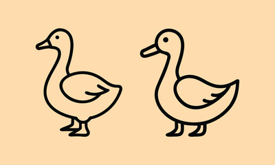 Black outline vector illustrations of ducks on a beige background, featuring simple and minimalistic designs, perfect for nature, wildlife, or educational themes.  

