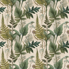 Botanical seamless print of plants and herbs for backgrounds and craft projects
