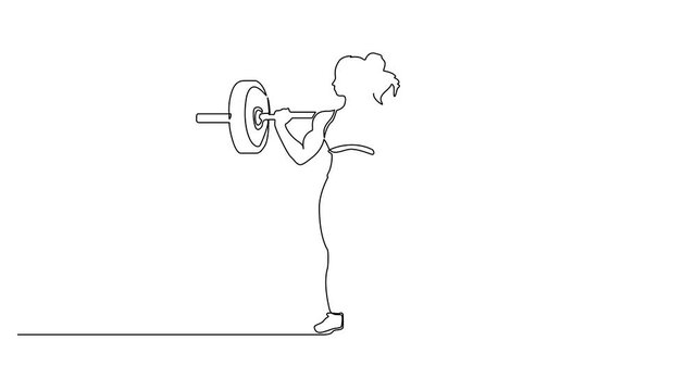 Animation of one line drawing of fit athlete muscular woman lifting barbells working out at a gym, Weight lifting training concept. Full length one line animation illustration.