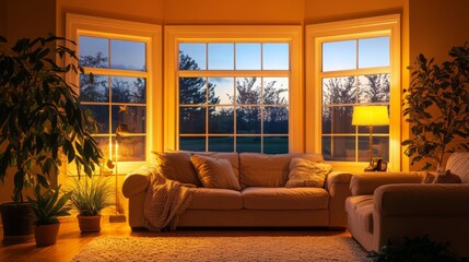 Fototapeta premium A Cozy Living Room at Dusk with a View
