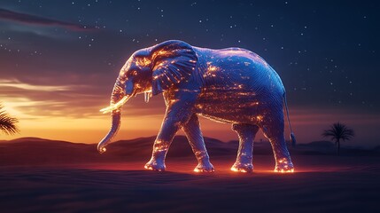 20. Silver elephant raising its trunk while standing in a glowing desert at twilight