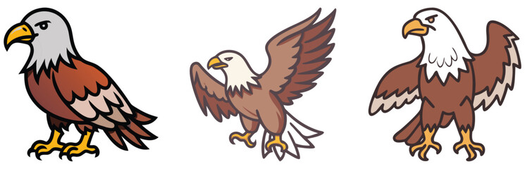 Set of vector illustrations featuring bald eagles in various poses, showcasing their detailed feathers and iconic appearance, perfect for wildlife, nature, and patriotic themes.  
