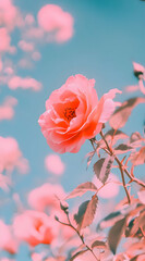 A close-up of a pink rose against a soft blue background, highlighting its beauty and delicacy.