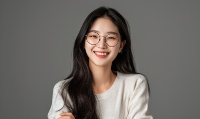 Fototapeta premium Young Smiling Korean Woman with Long Black Hair, Wearing Glasses and a White Sweater Against a Gray Background