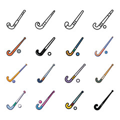 Collection of field hockey stick and ball vector icons in various black, outline, and colorful designs, perfect for sports, recreation, and team game-themed projects.  
