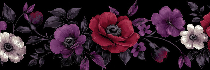 Bold dark florals with dramatic contrasts create striking design