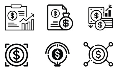Set of black outline vector icons featuring financial symbols, including money, graphs, global currency, and reports, ideal for business, investment, and economic themes.  