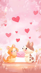 Two cute animals exchanging a letter surrounded by hearts in a pastel background.