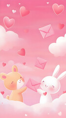 Cute illustration of a bear and bunny exchanging love letters with hearts and clouds.