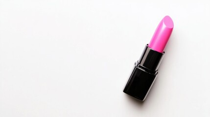 Minimalist display of vibrant pink lipstick with black and gold metallic cases, isolated on a pristine white background, highlighting the essence of modern beauty and elegance.