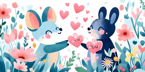 Two cute cartoon animals exchanging heart shapes amidst a colorful floral background.