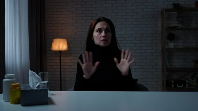 Woman suffering mental health issues, sitting at the table in front of camera, guilty expression scared face, no negative gestures, shaking head.
