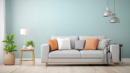 Spacious living room with sky blue accent wall and modern decor