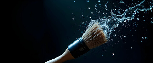 Dynamic water splash envelops a paintbrush, creating an artistic, vibrant scene.  The dark background enhances the contrast and drama.