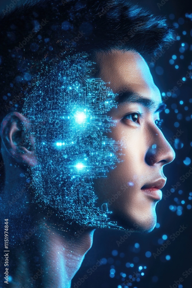 Poster a futuristic portrait blending human features with digital elements and glowing particles.