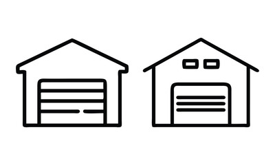 Simple Garage Door Outline Icons, Black and white outline vector icons of garages with closed doors, ideal for real estate, storage, or automotive-related projects.  
