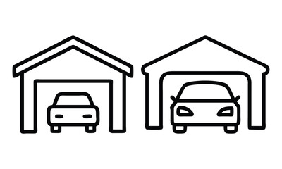 Minimalist Garage and Car Outline Icons, Black and white outline vector icons of garages with parked cars, perfect for automotive, real estate, and parking-related projects.  
