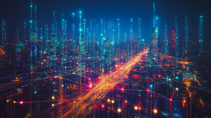 Fototapeta premium Smart digital city with connection cyber security network reciprocity over the cityscape . future smart wireless digital city and social media networking systems that connects people within the city