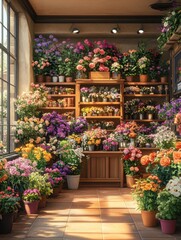 Sunlit floral shop interior with colorful bouquets and plants on wooden shelves.