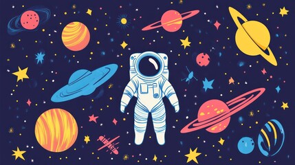 A colorful space scene featuring an astronaut surrounded by planets and stars.