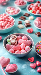 A colorful assortment of pink candies and chocolates arranged in bowls.