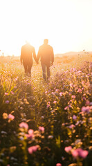 A couple walks hand in hand through a flower-filled field at sunset.