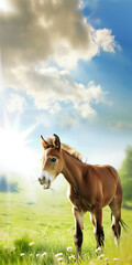 Fototapeta premium happy foal horse in field, banner with copy space