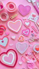 A colorful arrangement of heart-shaped decorations and craft supplies on a pink background.