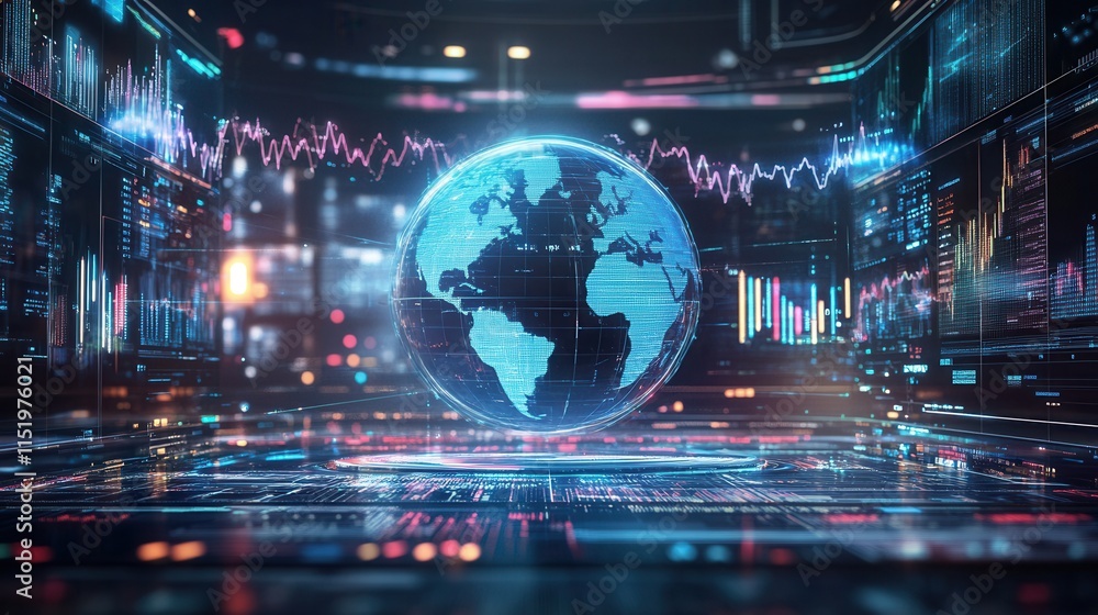 Poster futuristic global hub, a high-tech environment featuring a rotating globe, digital screens showcasin