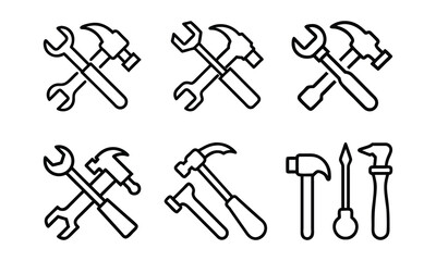Set of Outline Tool Vector Icons, Collection of black and white outline vector icons featuring hammers, wrenches, and screwdrivers, perfect for repair, construction, and DIY themes.  
