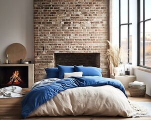 Cozy Bedroom with Brick Wall and Fireplace