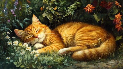 A golden cat resting in a garden with soft green foliage and flowers in the background