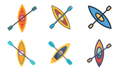 Set of Colorful Kayak and Paddle Vector Icons, Collection of six colorful vector icons featuring kayaks and crossed paddles, ideal for water sports, outdoor adventure, and design projects.
