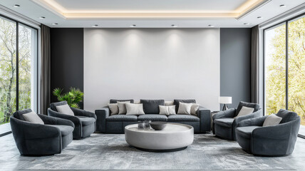 Stylish living area with bold sofas and modern decor, featuring large windows