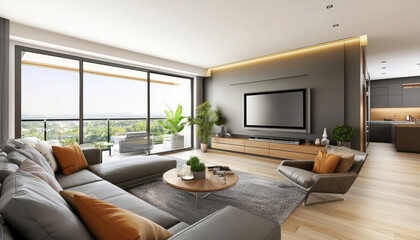 Stylish living space with modern decor and large windows, bright ambiance