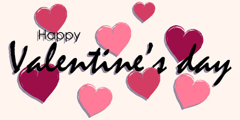 Happy Valentine day background. Banner design horizontal with phrase and different hand drawn textured heart. Romantic holiday backdrop for poster. Cute decorative love. Vector illustration