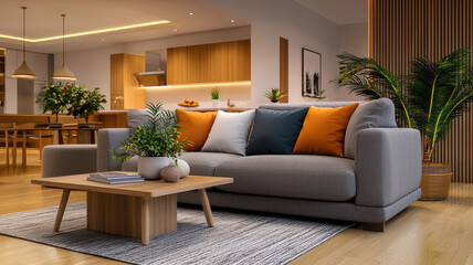 Trendy living room design with cozy sofa and stylish decor elements