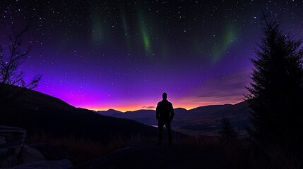 Fototapeta premium Silhouetted man gazing at vibrant aurora borealis over mountains at night.