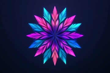 A vibrant star-shaped design featuring colorful, layered leaves in shades of pink, blue, and purple against a dark background.