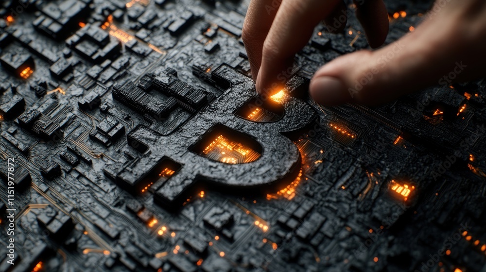 Poster hand interacting with glowing bitcoin symbol embedded in a circuit board-like structure.