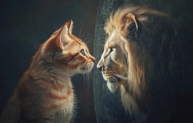 A kitten stares into a vintage mirror, its lion reflection representing transformation, confidence, and hidden majesty.