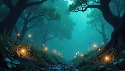Fototapeta premium A magical forest trail lit by glowing fireflies with soft blue and green tones creates an enchanting ambiance.