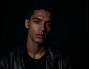 Obraz premium Dramatic Studio Portrait of a Young Man in Leather Jacket